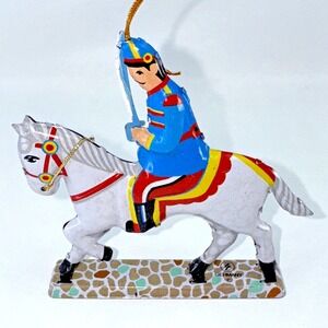 Vintage ZZ Germany Tinplate Penny Toy Xmas Decoration Soldier on Horseback (BC)